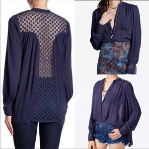 Free People  Navy Crochet Back Blouse Womens Boho Sheer Long Sleeve Top Cottage